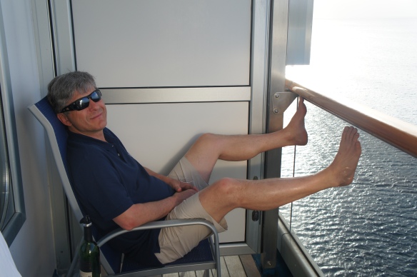 Relaxing on the balcony of our stateroom on  the ms Victory 